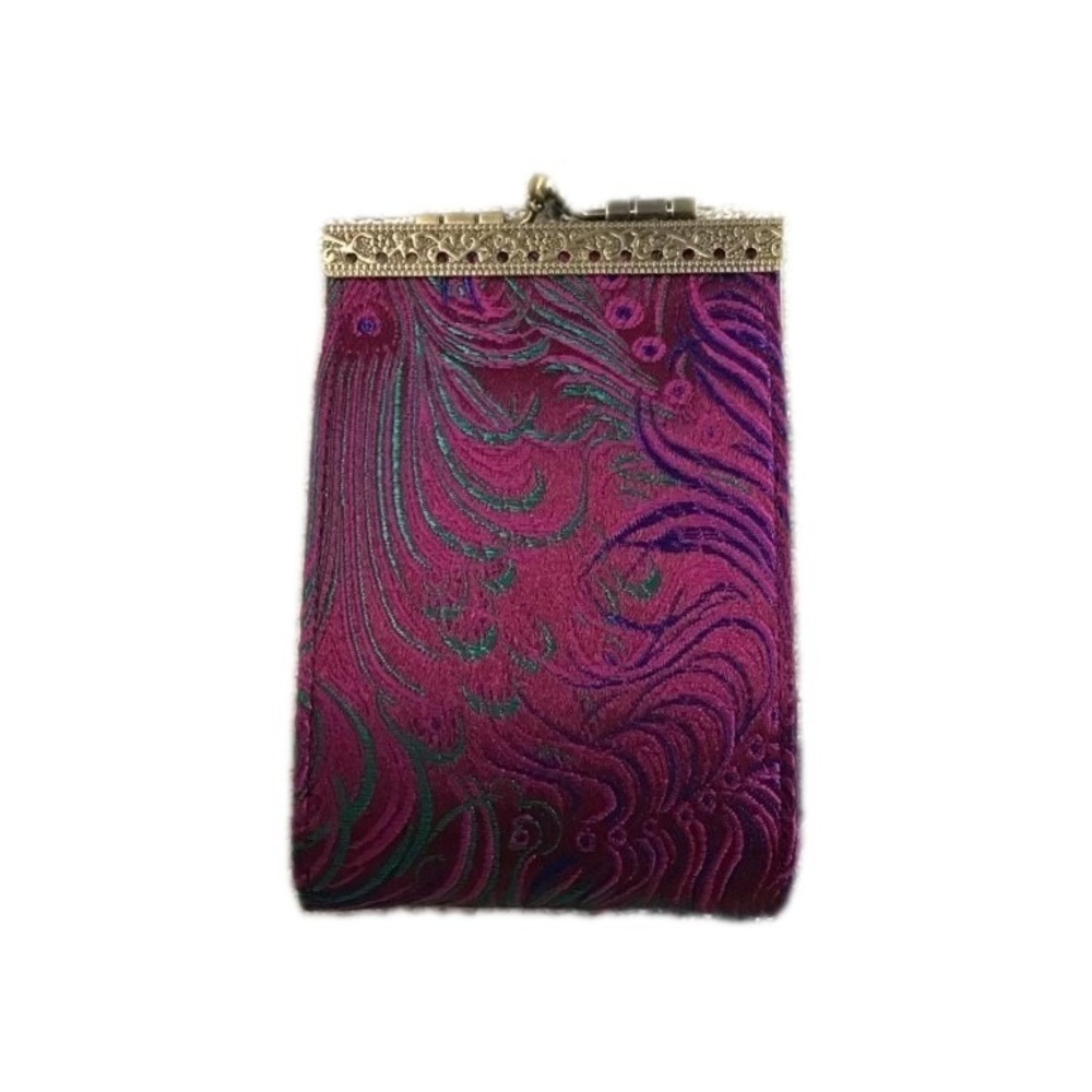 Cathayana Purple Brocade Peacock Feather Card Holder Wristlet Wallet 5"